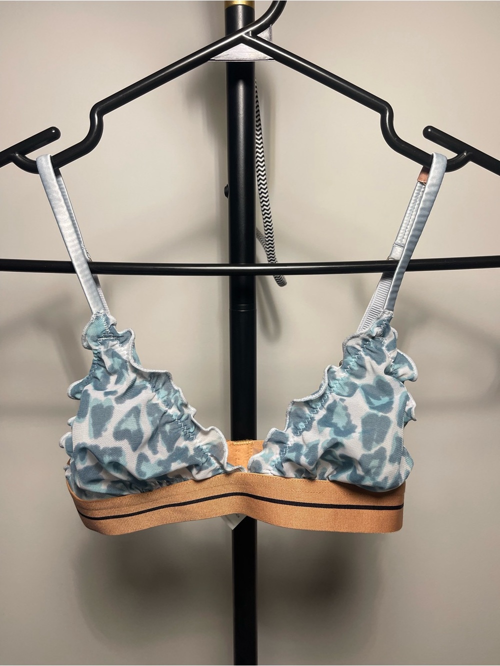 Ruffled Triangle Bralette in Pale Blue Leopard Print with Tan Band